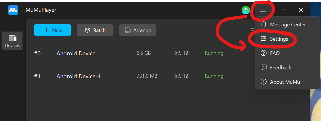 MuMu Player menu with the Settings option