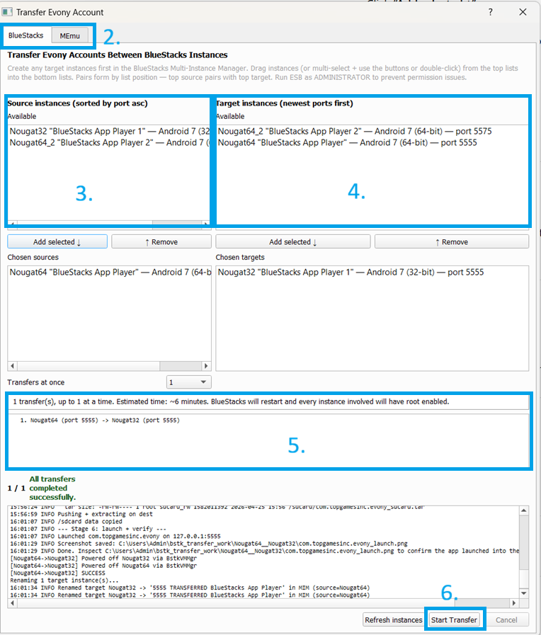 Transfer Account Data window