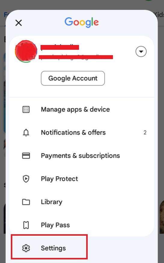 Play Store profile menu with the Settings option