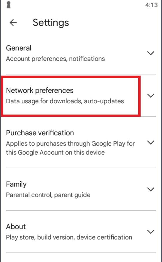 Play Store settings list showing Network Preferences