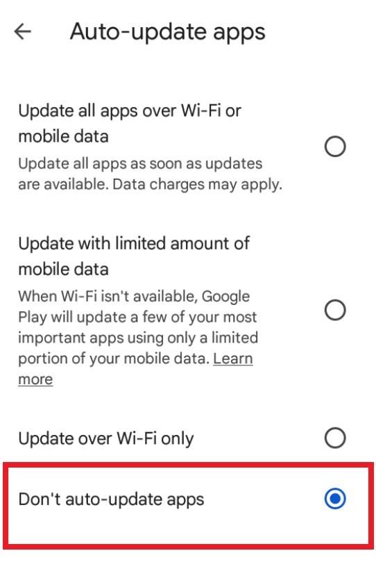 Auto-update apps option set to do not update