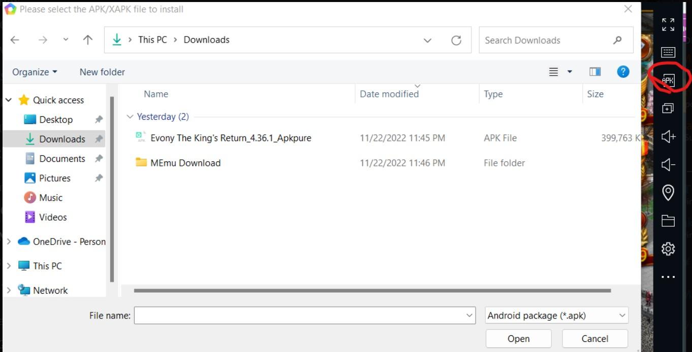 APK install icon on the MEmu right toolbar