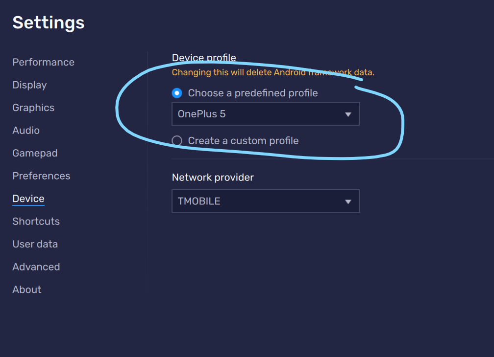 Bluestacks device settings with the phone profile option