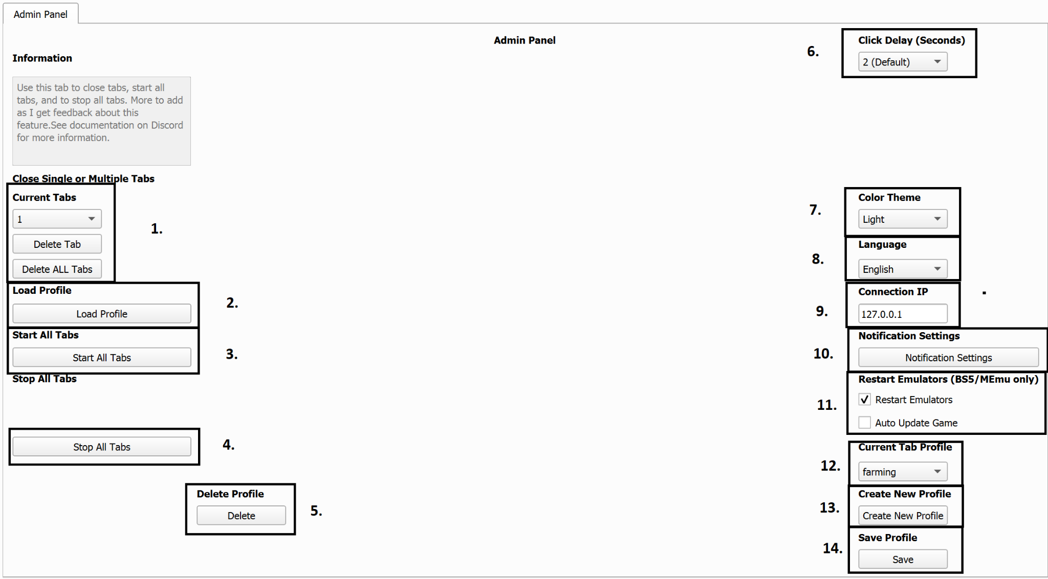 Admin tab panel with numbered settings