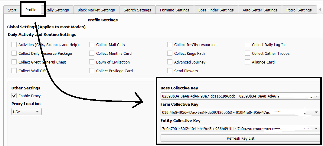 Collective key selection matching the profile tab